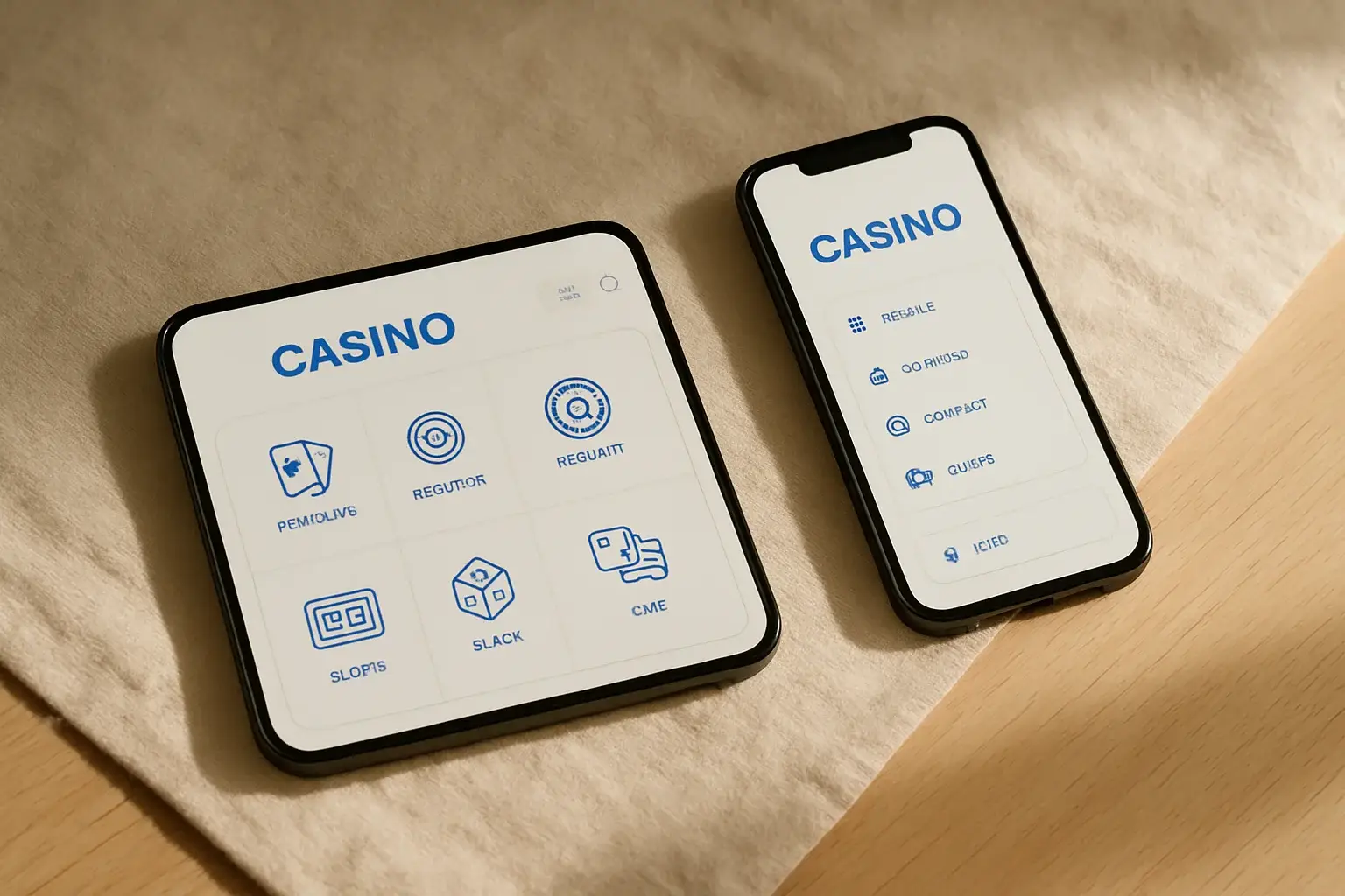 Two smartphones displaying a clean light casino app on white surface