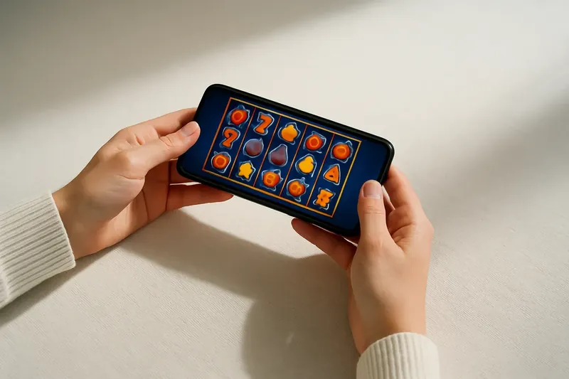 Woman's hands holding smartphone with bright casino game over linen surface