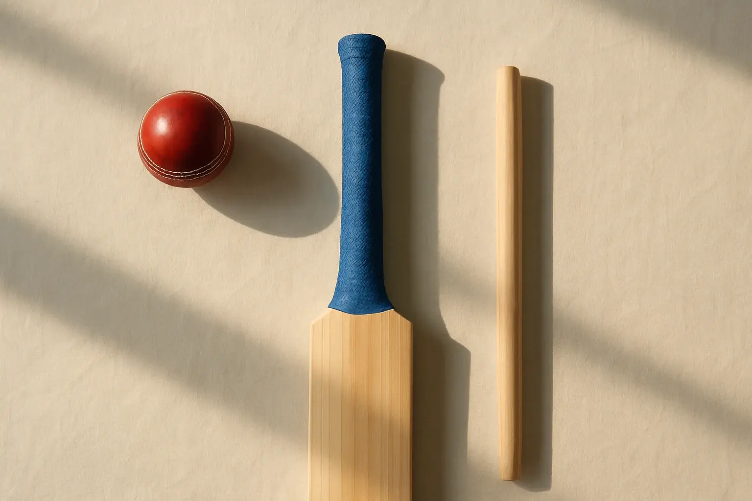 Overhead flat lay of cricket ball, bat handle and stump