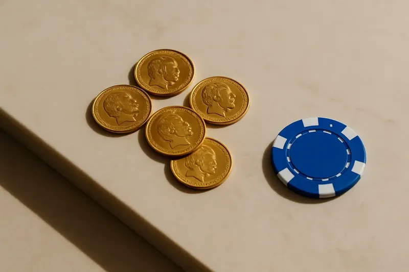 Five gold coins on cream marble with poker chip edge