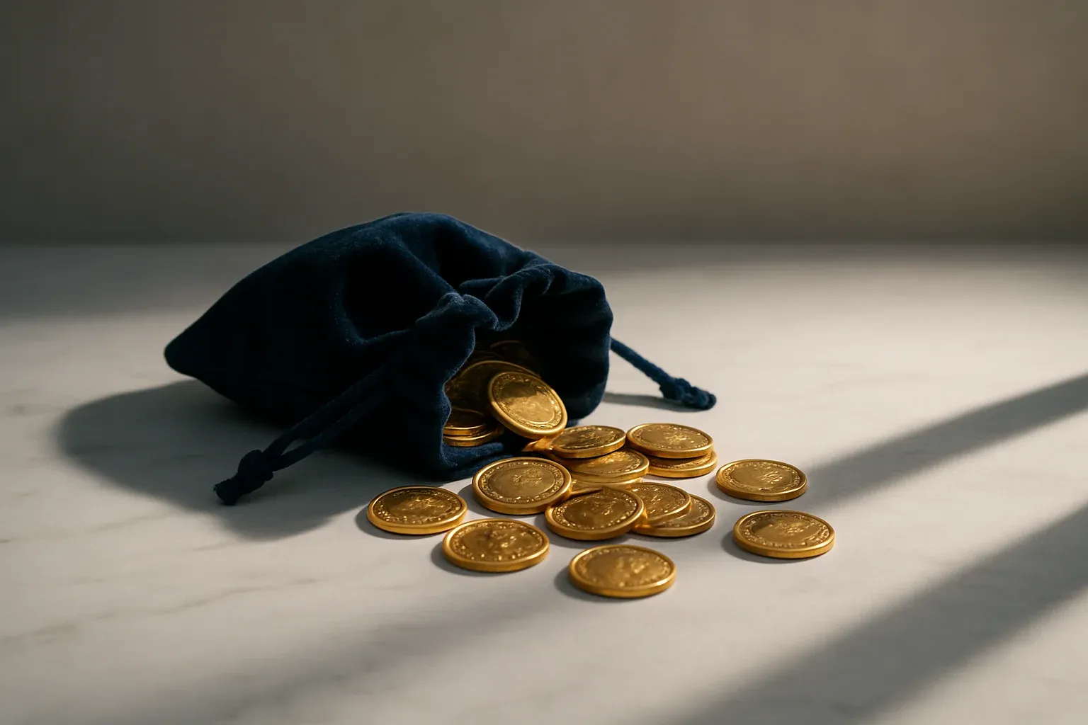 Golden coins spilling from velvet pouch on white marble surface
