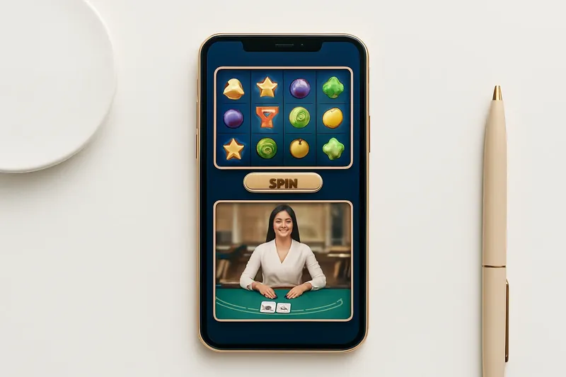 Mobile phone showing casino app with slots and live casino games