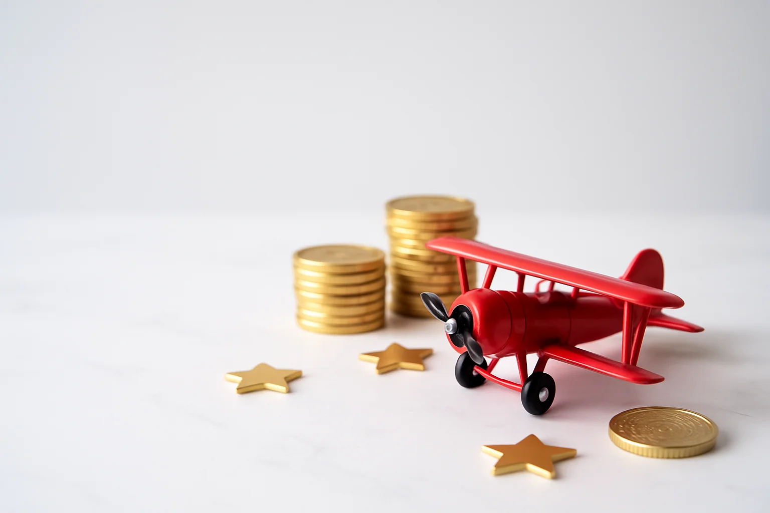 Miniature red airplane with gold coins and star tokens on marble