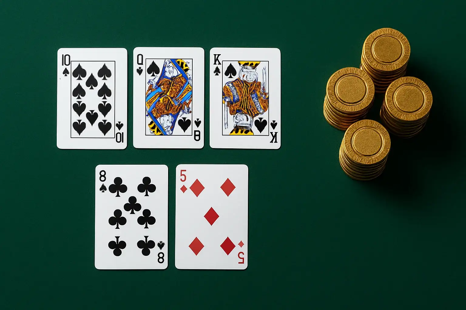 Green felt casino table with card hands and stacked gold chips