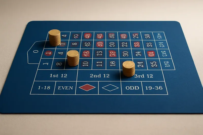 Top-down roulette table layout with gold chip stacks on green felt