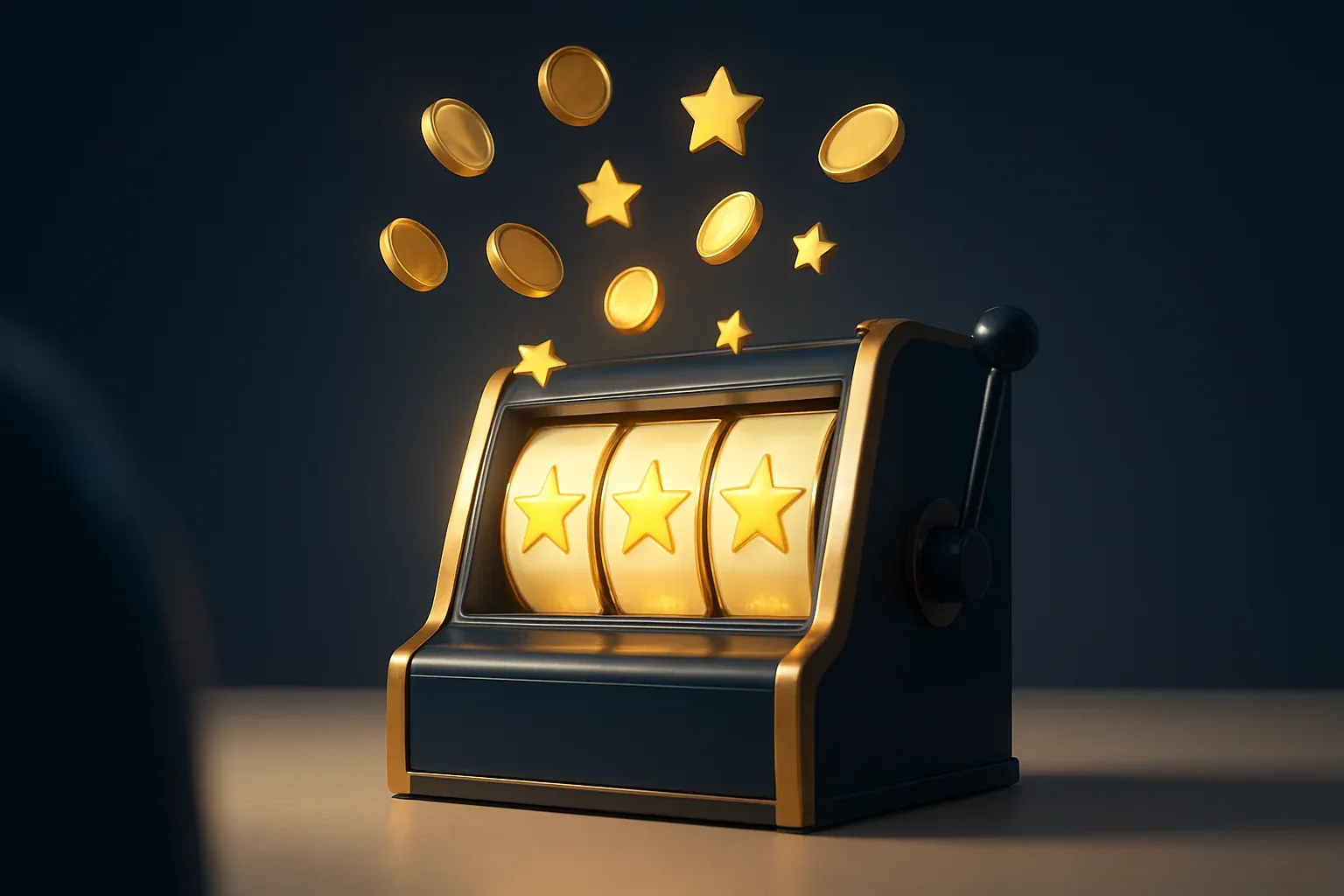 Slot machine jackpot with floating coins and stars on white background