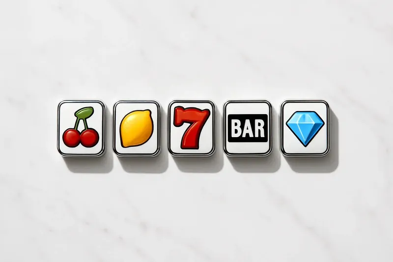 Five polished slot symbols in a neat row on white marble
